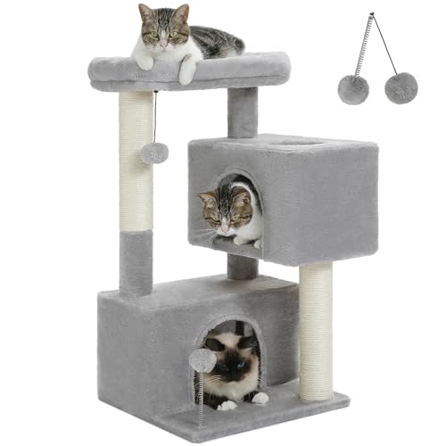 ATUMY möbel für Katzen Kratzbaum für große Katzen, Katzenturm für Wohnungskatzen bis zu 10 kg, mit 2 großen Condos-Katzenkratzbäumen katzenbaum(AMT0237GY) von ATUMY