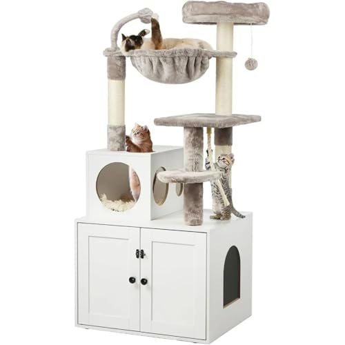 ATUMY möbel für Katzen Kratzbaum mit Katzentoilette, 2-in-1-Katzenturm für Hauskatzen, Eigentumswohnung mit Kratzbäumen und Pompons katzenbaum von ATUMY