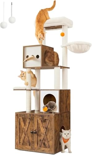 ATUMY möbel für Katzen Kratzbaum mit Katzentoilette, 72,8 Zoll hohes Katzenhaus mit Kratzbäumen, Sitzstange, Höhlen und Korb katzenbaum(Rustic Brown) von ATUMY