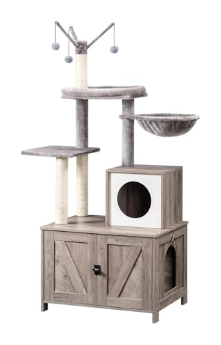 ATUMY möbel für Katzen Kratzbaumturm mit Katzentoilette für Hauskatzen, Katzenwohnung aus Holz katzenbaum von ATUMY