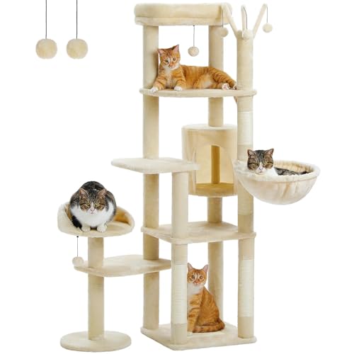 ATUMY möbel für Katzen Mehrstufiger Kaktus-Katzenbaum mit Condo-Hängematte, Kratzbaum für Kätzchenbett, Katzenkratzer, großer Katzenturm katzenbaum(Beige) von ATUMY