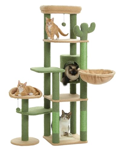 ATUMY möbel für Katzen Mehrstufiger Kaktus-Katzenbaum mit Condo-Hängematte, Kratzbaum für Kätzchenbett, Katzenkratzer, großer Katzenturm katzenbaum(Green) von ATUMY