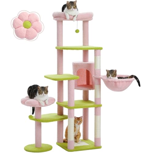 ATUMY möbel für Katzen Mehrstufiger Kaktus-Katzenbaum mit Condo-Hängematte, Kratzbaum für Kätzchenbett, Katzenkratzer, großer Katzenturm katzenbaum(Pink) von ATUMY