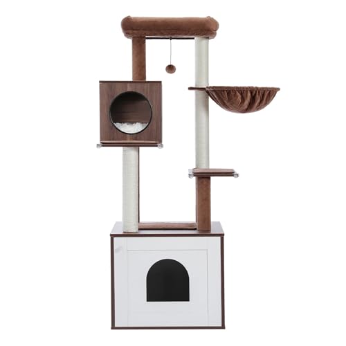 ATUMY möbel für Katzen Mehrstufiger Kratzbaum aus Holz, großer Katzenturm mit Kratzbäumen, Hängematte für Katzen, Katzenschaber, Haustierbett katzenbaum(Brown) von ATUMY