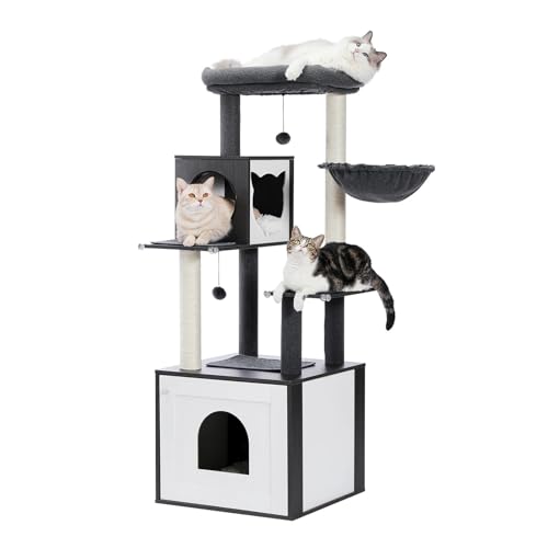 ATUMY möbel für Katzen Mehrstufiger Kratzbaum aus Holz, großer Katzenturm mit Kratzbäumen, Hängematte für Katzen, Katzenschaber, Haustierbett katzenbaum(Gray) von ATUMY