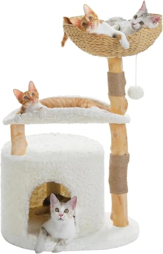 ATUMY möbel für Katzen Moderner Kratzbaum für große Katzen, Katzenturm aus Holz mit großem Weidenkorb, geräumiger Wohnung und tiefer Hängematte katzenbaum(Curved Perch) von ATUMY