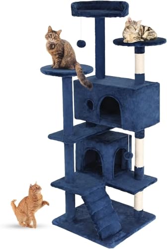 ATUMY möbel für Katzen Multifunktionales Aktivitätscenter mit Kratzbaumständer, Kratzbaum, Eigentumswohnung, Haus für Hauskatzen, 54 Zoll katzenbaum(Navy Blue) von ATUMY