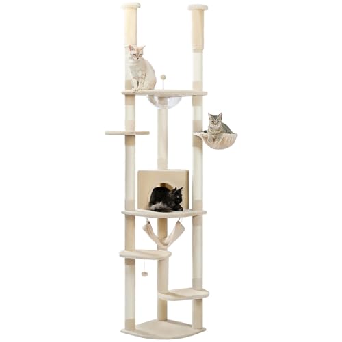 ATUMY möbel für Katzen Verstellbarer, 236–258 cm hoher Kratzbaum mit Kratzbaum, großer Katzenturm katzenbaum(Beige) von ATUMY