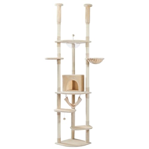 ATUMY möbel für Katzen Vom Boden bis zur Decke reichender Katzenbaum, Verstellbarer Katzenturm, hohes Kitty-Kletterspielhaus mit Kratzbäumen, Sitzstangen und Hängematte katzenbaum(AMT0119BG-HW) von ATUMY