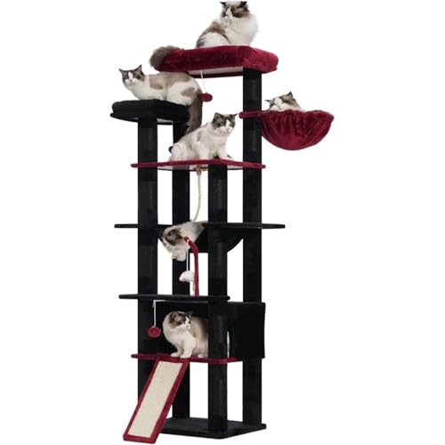 möbel für Katzen 78-Zoll-Katzenturm mit Mehreren Ebenen für Hauskatzen, 2 verbreiterte Plüschsitzstangen, Katzenwohnung mit Kratzbrett und großem Kratzbaum katzenbaum(Black and Red) von ATUMY