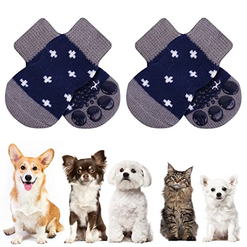 AUAUY Indoor Anti-Rutsch Socken für Hunde und Katzen, Pet Socken, Hundesocken Anti Rutsch Pfotenschutz und Traktion Dank Silikon-Gel 2 Größen für Kleine-Mittlere Tiere(Blau und Grau L) von AUAUY