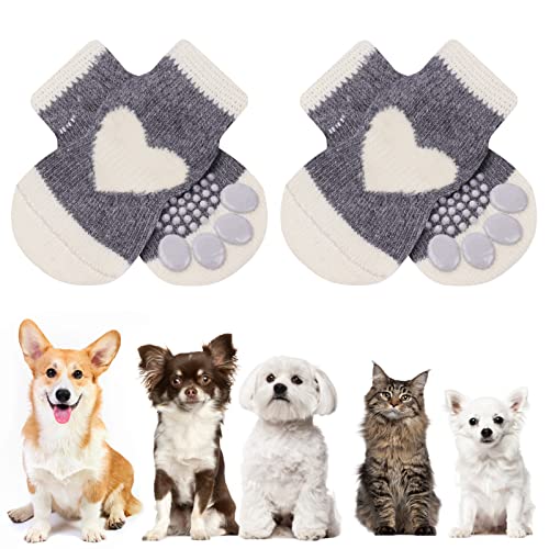 AUAUY Indoor Anti-Rutsch Socken für Hunde und Katzen, Pet Socken, Hundesocken Anti Rutsch Pfotenschutz und Traktion Dank Silikon-Gel 2 Größen für Kleine-Mittlere Tiere(Grau und Weiß L) von AUAUY