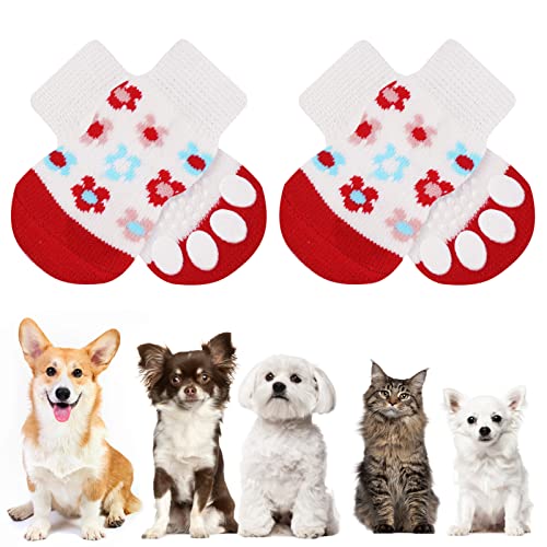 AUAUY Indoor Anti-Rutsch Socken für Hunde und Katzen, Pet Socken, Hundesocken Anti Rutsch Pfotenschutz und Traktion Dank Silikon-Gel 2 Größen für Kleine-Mittlere Tiere(Weiß und Rot L) von AUAUY