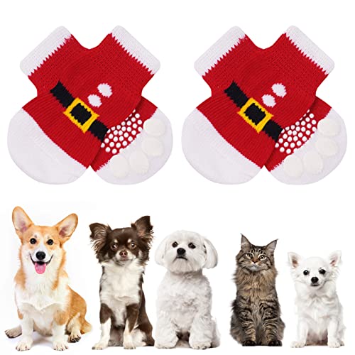 AUAUY Indoor Anti-Rutsch Socken für Hunde und Katzen, Pet Socken, Hundesocken Anti Rutsch Pfotenschutz und Traktion Dank Silikon-Gel 2 Größen für Kleine-Mittlere Tiere(Weihnachtsrot L) von AUAUY