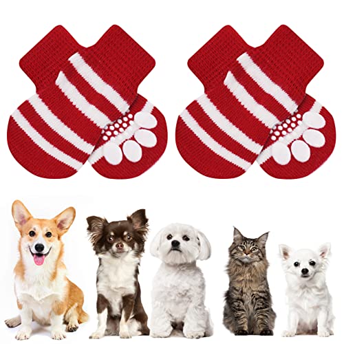 AUAUY Indoor Anti-Rutsch Socken für Hunde und Katzen, Pet Socken, Hundesocken Anti Rutsch Pfotenschutz und Traktion Dank Silikon-Gel 2 Größen für Kleine-Mittlere Tiere(Rot und Weiß M) von AUAUY