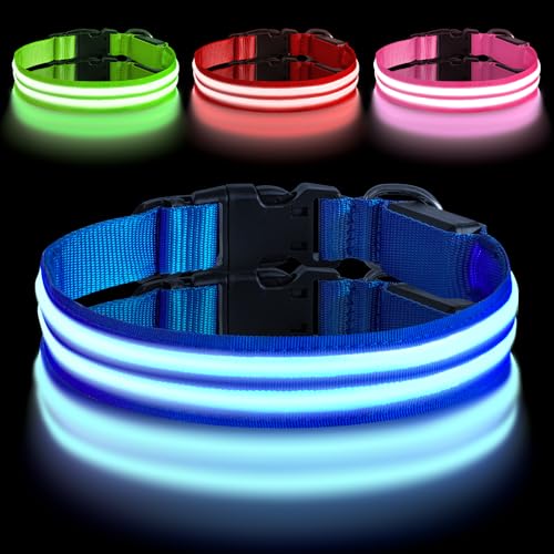 AUAUY Leuchthalsband Hund, Hundehalsband Leuchtend Aufladbar mit 3 Beleuchtungsmodi, Einstellbar Blinklicht Sicherheit Halsband, LED Hundehalsband Wasserdicht für Kleine Mittlere Große Hunde, Blau-L von AUAUY