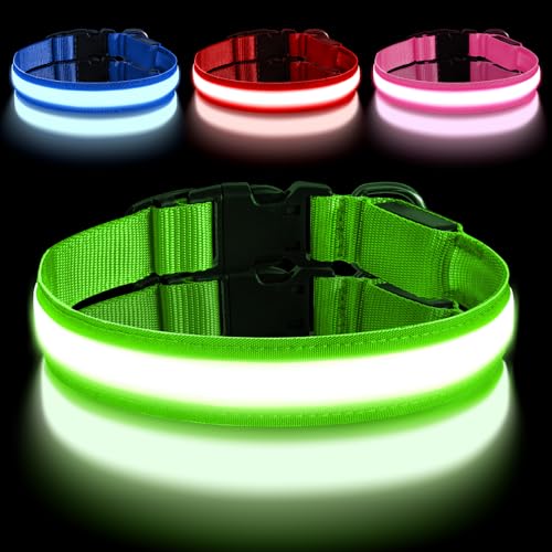 AUAUY Leuchthalsband Hund, Hundehalsband Leuchtend Aufladbar mit 3 Beleuchtungsmodi, Einstellbar Blinklicht Sicherheit Halsband, LED Hundehalsband Wasserdicht für Kleine Mittlere Große Hunde, Grün-L von AUAUY