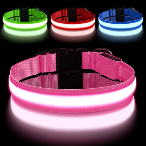 AUAUY Leuchthalsband Hund, Hundehalsband Leuchtend Aufladbar mit 3 Beleuchtungsmodi, Einstellbar Blinklicht Sicherheit Halsband, LED Hundehalsband Wasserdicht für Kleine Mittlere Große Hunde, Rosa-S von AUAUY