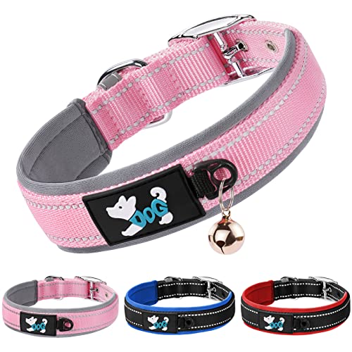 AUAUY Nylon Hundehalsband, Verstellbares Reflektierendes Hundehalsband, Weich Neopren Gepolstert Hundehalsband mit Sicherheitsschnalle Metallschnallen-D-Ring und Etikettenring für alle Rassen(Rosa-S) von AUAUY