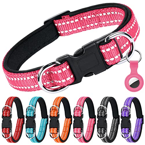 AUAUY Reflektierend Halsband Hund, Verstellbares Atmungsaktives Hundehalsband, Weich Gepolstertes Neopren Nylon Hunde Halsband mit Doppel-D-Ring, AirTag-Hülle für Kleine Mittel Große Hunde(Rosarot-M) von AUAUY