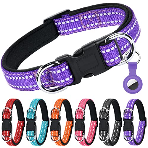 AUAUY Reflektierend Halsband Hund, Verstellbares Atmungsaktives Hundehalsband, Weich Gepolstertes Neopren Nylon Hunde Halsband mit Doppel-D-Ring, AirTag-Hülle für Kleine Mittel Große Hunde(Violett-S) von AUAUY