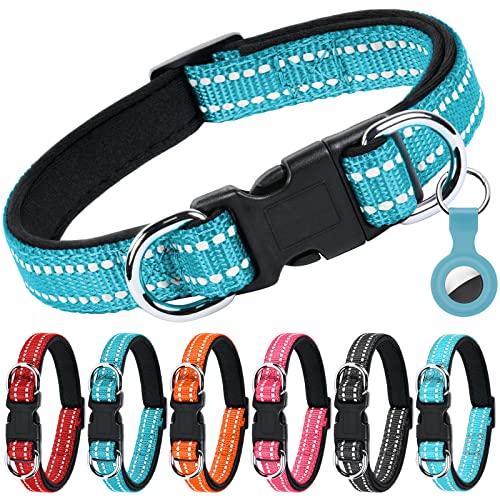 AUAUY Reflektierend Halsband Hund, Verstellbares Atmungsaktives Hundehalsband, Weich Gepolstertes Neopren Nylon Hunde Halsband mit Doppel-D-Ring und AirTag-Hülle für Kleine Mittel Große Hunde(Blau-M) von AUAUY