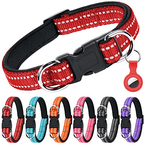 AUAUY Reflektierend Halsband Hund, Verstellbares Atmungsaktives Hundehalsband, Weich Gepolstertes Neopren Nylon Hunde Halsband mit Doppel-D-Ring und AirTag-Hülle für Kleine Mittel Große Hunde(Rot-S) von AUAUY