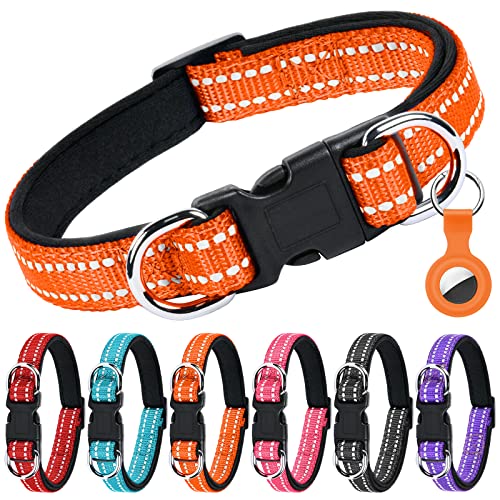 AUAUY Reflektierend Halsband Hund, Verstellbares Atmungsaktives Hundehalsband,Weich Gepolstertes Neopren Nylon Hunde Halsband mit Doppel-D-Ring und AirTag-Hülle für Kleine Mittel Große Hunde(Orange-L) von AUAUY