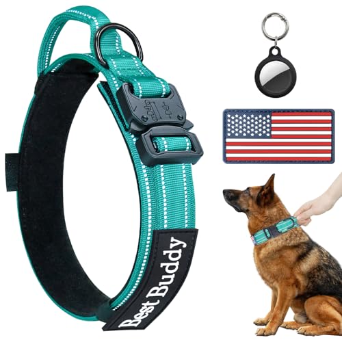 AUBELL Reflektierendes Hundehalsband, Militär-Hundehalsband für extra große Hunde, verstellbare Nylon-Hundehalsbänder mit Griff und robuster Schnalle, mit Airtag-Etui und Patches (Blaugrün, XL) von AUBELL