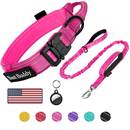 AUBELL Taktisches Hundehalsband und Leine, verstellbar, militärisches Nylon, reflektierend, mit Airtag-Halter und 2 Patches (Rosa, L) von AUBELL