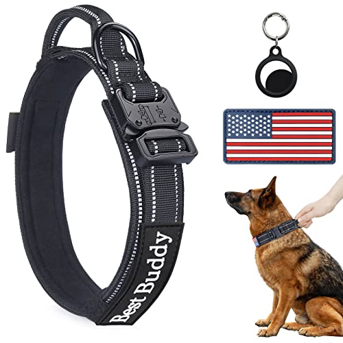 Reflektierendes Hundehalsband, taktisches Hundehalsband für extra große Hunde, robuste Hundehalsbänder mit Griff und Metallschnalle, zwei Patches enthalten (XL, schwarz) von AUBELL