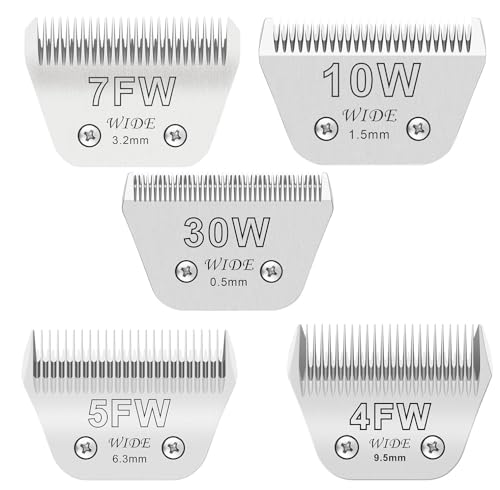 5 breite Klingen für Hundepflegeklingen, kompatibel mit Andis, Oster A5, Wahl km10 Hunde-Schermaschinen, abnehmbare Edelstahl-Klingen (Größe: 10 W + 30 W + 4 FW + 5 FW + 7 FW) von AUDOC