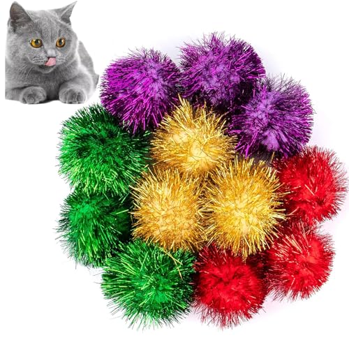 AUEAR, 12 Stück 5,1 cm glitzernde Bälle glänzende Lametta Pom Poms Interaktive Bälle Katze für Kätzchen (4 Farben) von AUEAR