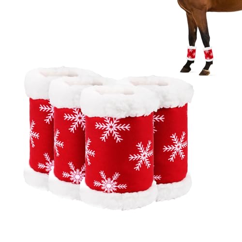 Weihnachts-Pferdebeinbandagen für Pferde, stehend, Rot, Pferdebeinschoner, Pferdebeinbandagen, Kunstfell, Polyester, Stehwickel, 4 Stück (Schneeflocke) von AUECOOME