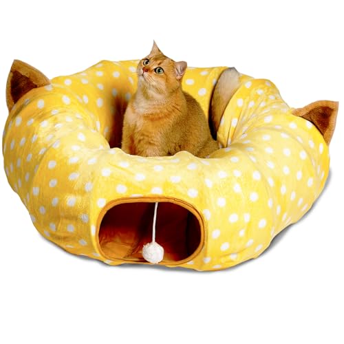 AUOON Katze Tube und Tunnel mit zentralem Matte für Katze Hund, Soft Mink Kaschmir und Full Moon Geformter, Länge 248,9 cm Durchmesser 24,9 cm 2 Farbe, Gelb von AUOON