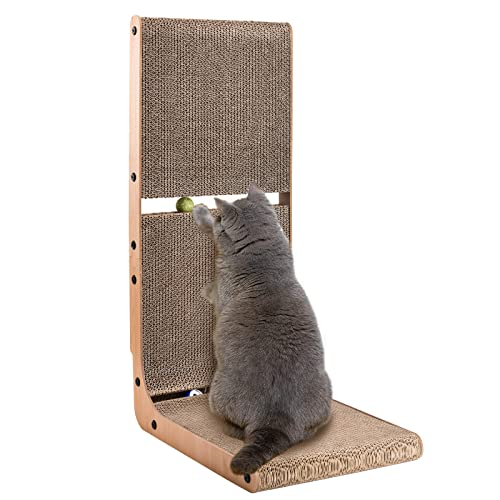 AUSCAT Katzenkratzer aus Karton, vertikale Katzenkratzer für Indoor-Katzen, 27,2 Zoll L-Form Katzenkratzpad mit zwei eingebauten Spielzeugbällen von AUSCAT