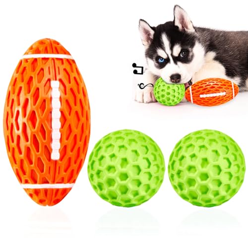 AUSCAT Quietschende Hundespielzeugbälle aus Gummi, unzerstörbares Hundespielzeug für aggressive Kauer, interaktiver Hundeball für kleine, mittelgroße Hunde, 10,4 cm orangefarbenes Rugby und 5,3 cm von AUSCAT