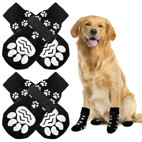 AUSYIWI 4er-Set Anti-Rutsch-Socken für Hunde, Anti-Rutsch-Socken für Hunde mit verstellbarem Riemen, Hundepfotenschoner mit Baumwolle für große und kleine Hunde (L) von AUSYIWI