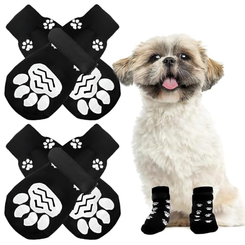 AUSYIWI 4er-Set Anti-Rutsch-Socken für Hunde, Anti-Rutsch-Socken für Hunde mit verstellbarem Riemen, Hundepfotenschoner mit Baumwolle für große und kleine Hunde (S) von AUSYIWI