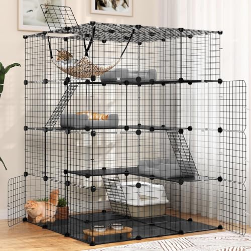 AUTO HIGH 4-stöckiger großer Katzenkäfig mit 5 Türen, 3 Leitern für 1–4 Katzen, DIY-Catio-Katzengehege, Innen-Metalldraht, Abnehmbarer Katzenkäfig, Laufstall, 111 x 111 x 147 cm, Schwarz von AUTO HIGH