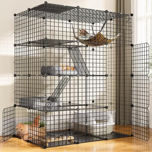 AUTO HIGH 4-stöckiger Katzenkäfig, Katzengehege für den Innenbereich mit Hängematte und Oberlicht für 1–3 Katzen, abnehmbares Katzenhaus aus Metalldraht, 111 x 75 x 147 cm, Schwarz von AUTO HIGH