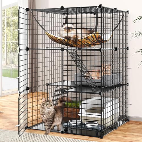 AUTO HIGH 4-stöckiger großer Katzenkäfig mit 5 Türen, 3 Leitern für 1–4 Katzen, DIY-Catio-Katzengehege, Innen-Metalldraht, Abnehmbarer Katzenkäfig, Laufstall, 111 x 111 x 147 cm, Katzenkäfig, schwarz von AUTO HIGH