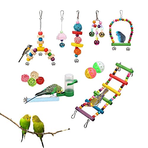 AUTOECHO Bird Parrot Swing Kauspielzeug-Set - Holzglocke mit Hängematte, Kletterleitern, Bunte Haustier-Vogelkäfig-Spielzeuge - Vogelkäfig-Zubehör Sittichkäfig-Zubehör Nymphensittiche Spielzeug von AUTOECHO