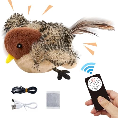 AUTOECHO Flatterndes Vogel-Katzenspielzeug, interaktives Vogel-Katzenspielzeug, 3-stufig verstellbares Katzenspielzeug, simulierter zwitschernder Vogel, Weicher Plüsch-Katzenspielzeug-Vogel mit von AUTOECHO