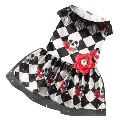 AUTOECHO Halloween-Kleid für Haustiere, Totenkopf-Muster, Spitzenröcke mit Augenblume, Hundekleidung für kleine und mittelgroße Rassen, Cosplay-Kostüm für Cosplay, Halloween von AUTOECHO