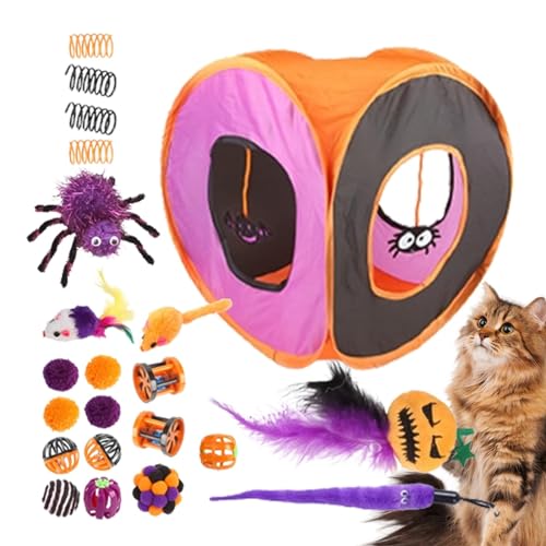 AUTOECHO Kitten Starter Kit Bundle, Interaktives Katzenspielzeug, Süßes Katzenspieltunnelspielzeug, Halloween Faltbare quadratische Kanal-Katzenspielzeugkiste, Kätzchenzubehör, Katzenfederstab, von AUTOECHO