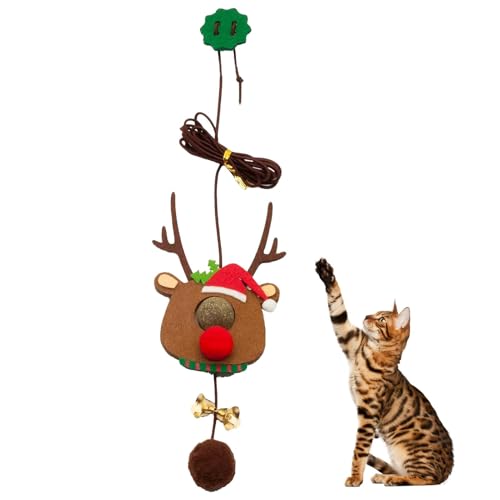 AUTOECHO Weihnachts-Katzenspielzeug für Hauskatzen,Weihnachtstür-Kätzchenspielzeug,Federspielzeug im Weihnachts-Rentier-Design - Katzenspielzeug mit 2 m elastischem Seil für die Jagd auf Katzen und von AUTOECHO