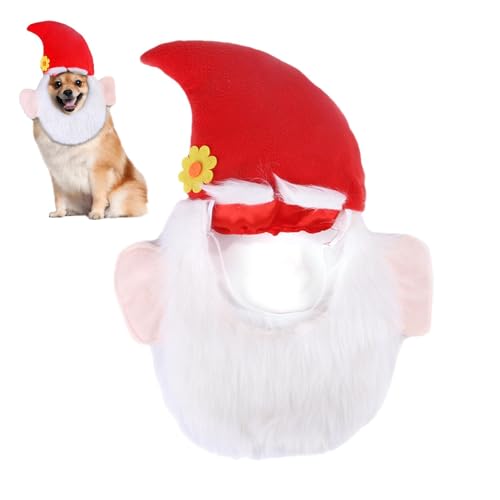 AUTOECHO Weihnachtsmütze für Haustiere, Weihnachtsmannmütze für Hunde, Realistische Plüschbart-Welpen-Weihnachtsmannmütze mit süßer Blume, Verstellbare, Bequeme Haustier-Kopfbedeckung mit Gummiband von AUTOECHO