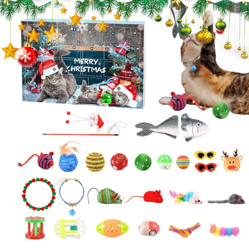 Katzen-Adventskalender 2023 – 24 Tage Weihnachts-Countdown-Kalender, Interaktives Katzenspielzeug Für Hauskatzen, Katzenfeder-Teaser, Weihnachtliche Katzenhalsbänder, Katzenfederspielzeug Für Katzen von AUTOECHO