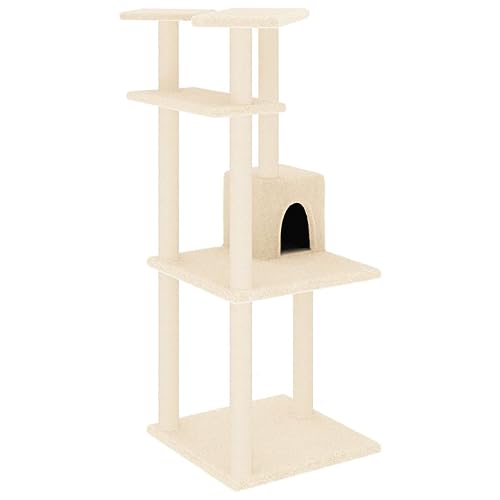 AUVYI Aktivitätskratzbäum mit Sisal-Kratzsäulen 55x47,5x123 cm Holz&Plüsch Praktisches Katzen-Spielplatz Weicher Plüsch Tätigkeitsbereich für Haustiere für Katzen zum Krallenschärfen Creme von AUVYI